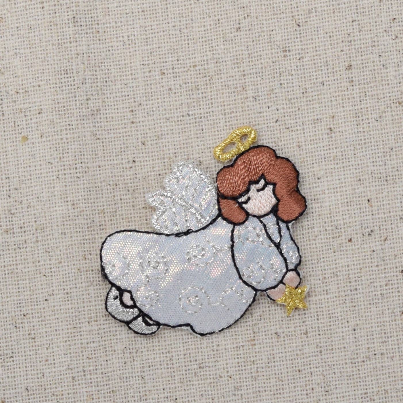 Wholesale Applique - Wholesale Patch - Angel - White Robe - Holding Gold Star - Flying Right - Iron on Applique - Embroidered Patch - 693878B1