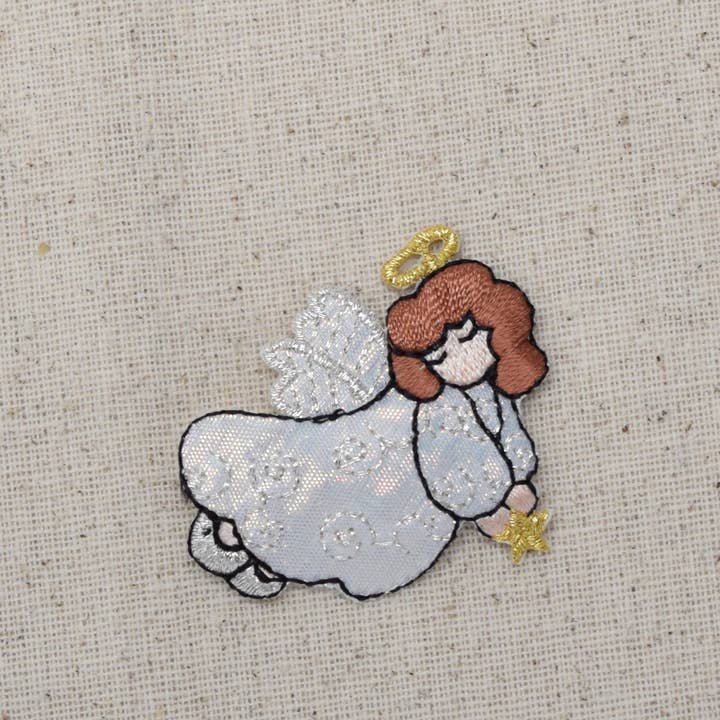 Wholesale Applique - Wholesale Patch - Angel - White Robe - Holding Gold Star - Flying Right - Iron on Applique - Embroidered Patch - 693878B1