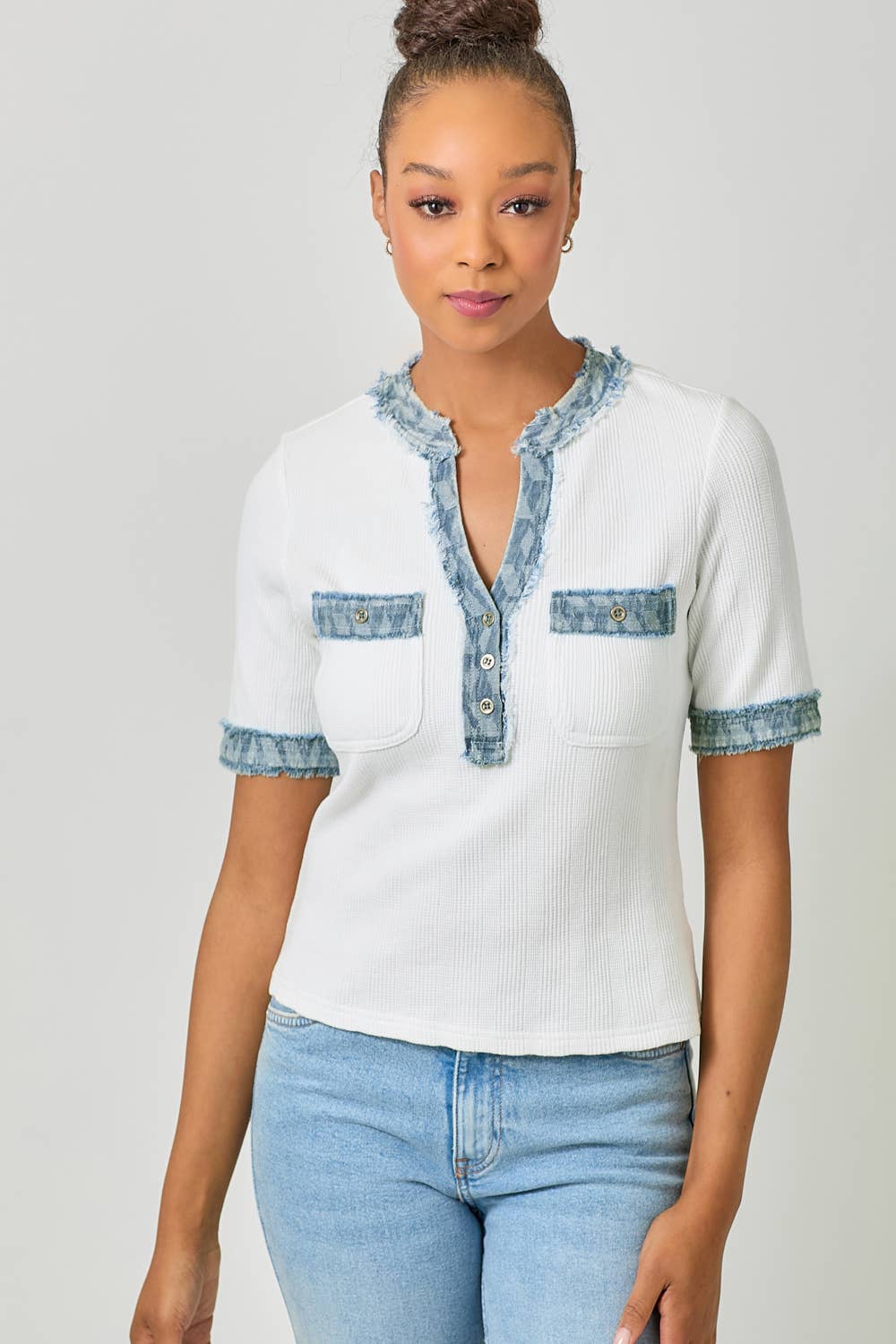 Mystree - Wholesale Blouse - Women's - 60981 Frayed Denim Trim Top 28