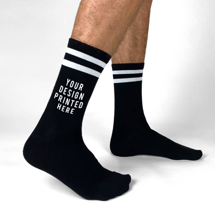 Sockprints - Wholesale Socks - Unisex - Custom Printed Black White/Stripe Ribbed Crew Socks1