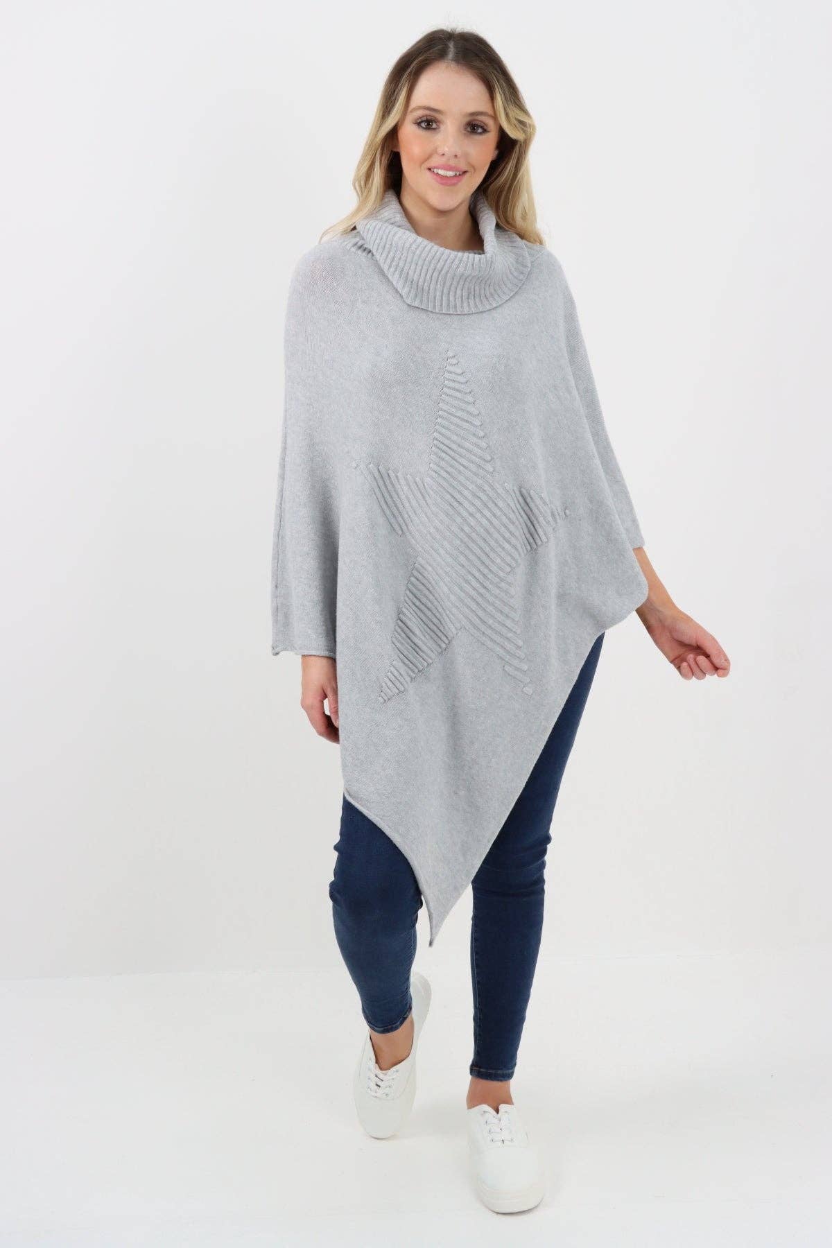 Miss Bold – Engroshandel Poncho - Dame – Italiensk strikket lagenlook poncho med stjernemønster og rullekrave18
