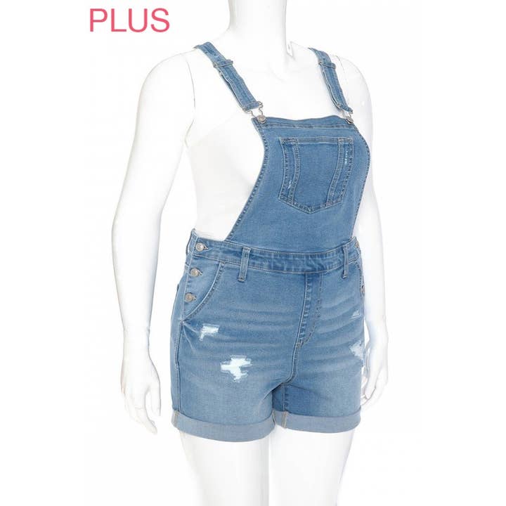 Timeless - Wholesale Overalls - Women's - PLUS DESTROYED ROLLED CUFF DENIM SHORTALLS