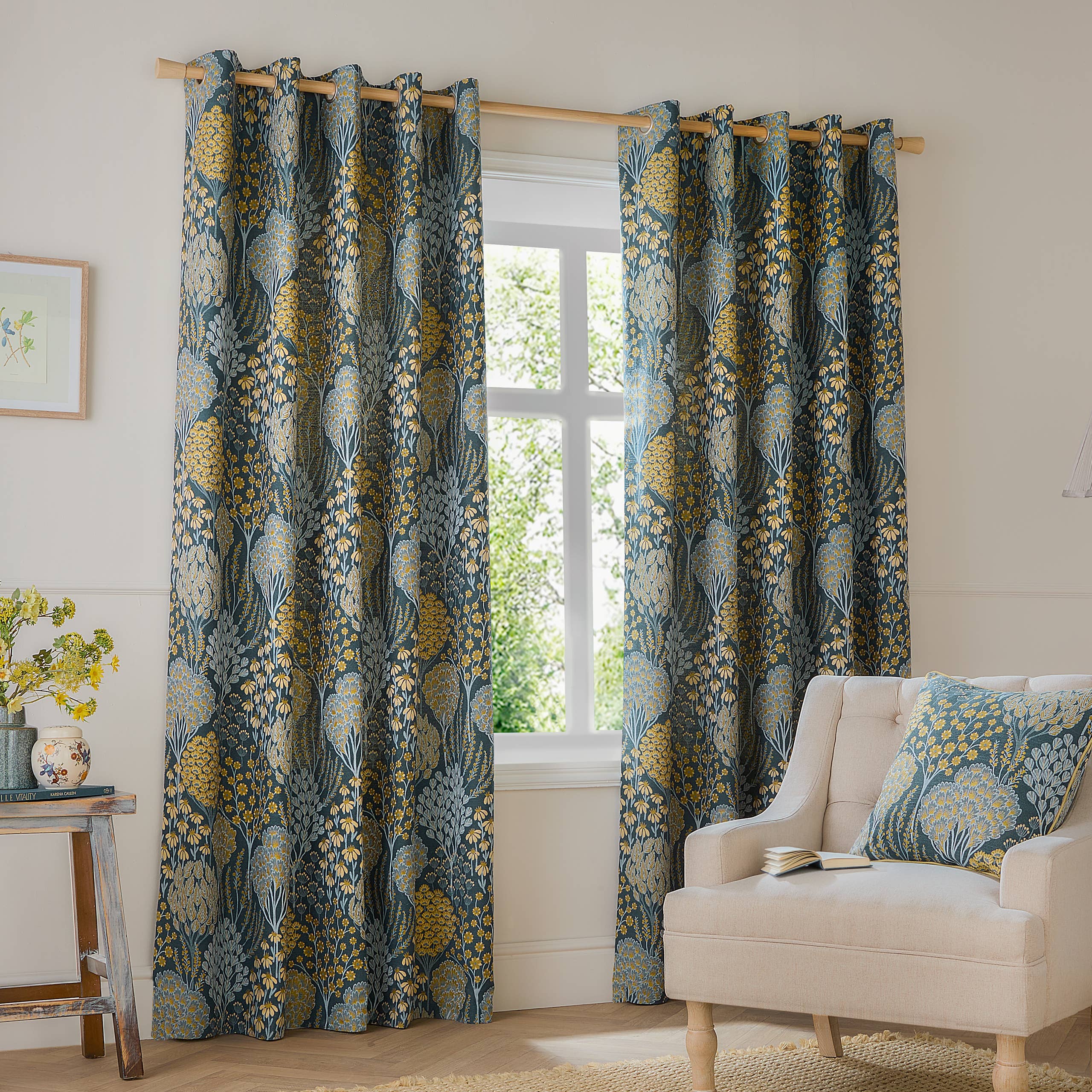 Blue Saffron Ophelia Jacquard Room Darkening Eyelet Curtains Blue/Saffron for wholesale on Faire1