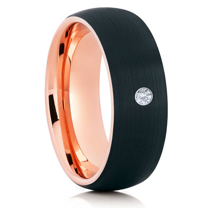 Alliance en or rose pour homme - Bague en tungstène à diamant blanc - Tungstène noir pour la vente par Lucky Love Rings