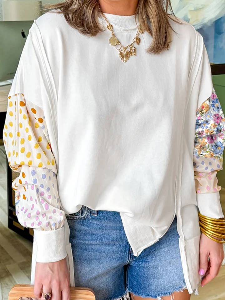 Dotted Mixed Print Patchwork Sleeve High Low Casual Sweatshi for wholesale by Umorger