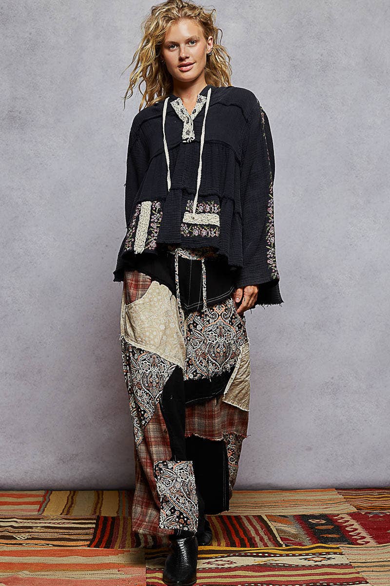 Pol Clothing - Wholesale Hoodie - Women's - Long Sleeve Double Gauze Embroidery Shirring Woven Top4