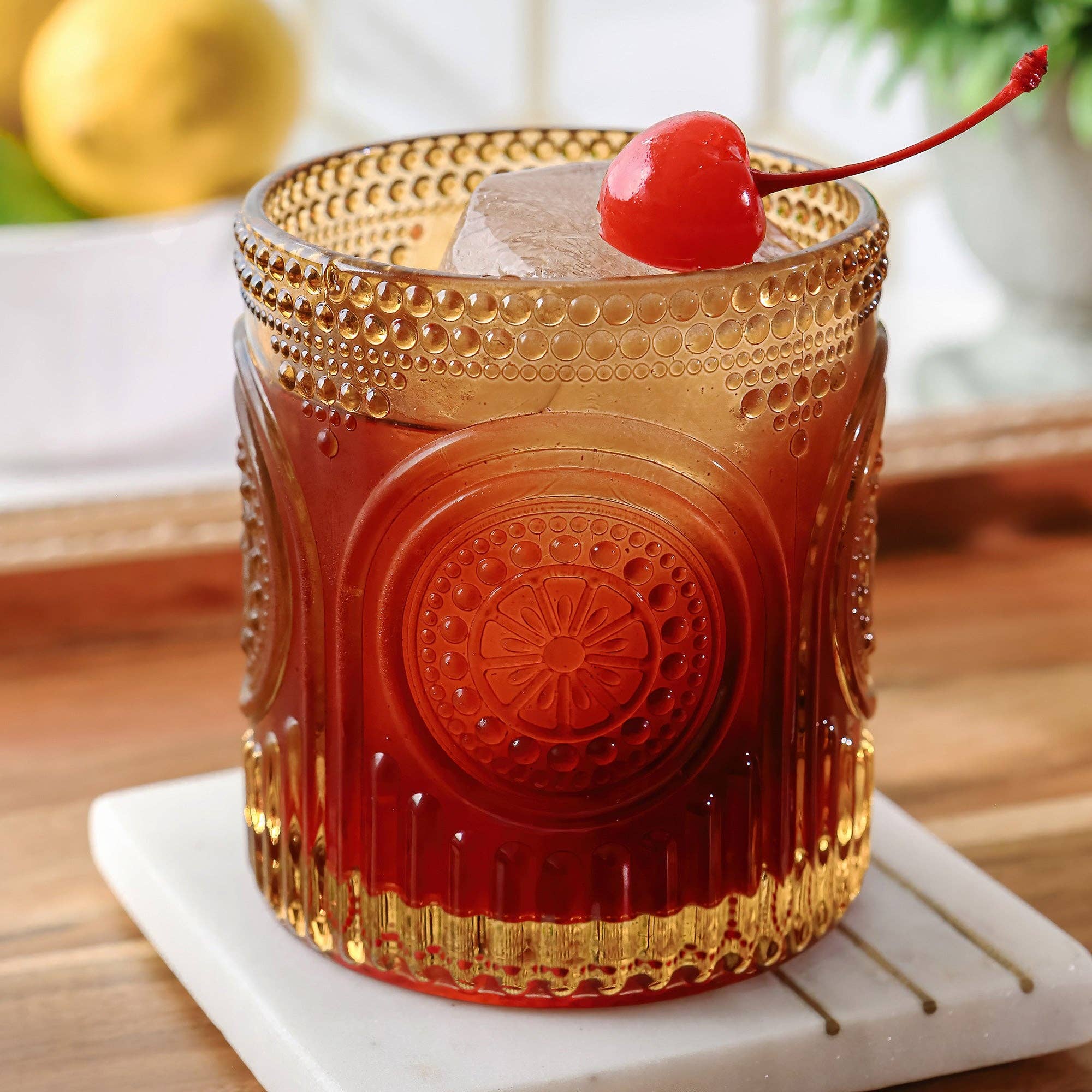 Kate Aspen - Wholesale Cocktail/Liquor Glass - 10 oz. Ribbed Retro Arch Floral Amber Drinking Glasses (Set6