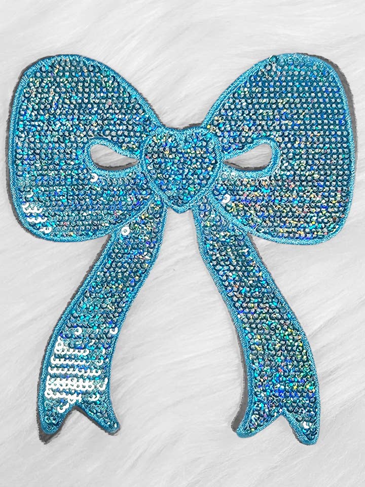 Side Bow Blue Sequin Iron On Patch for wholesale by Scratch Decor
