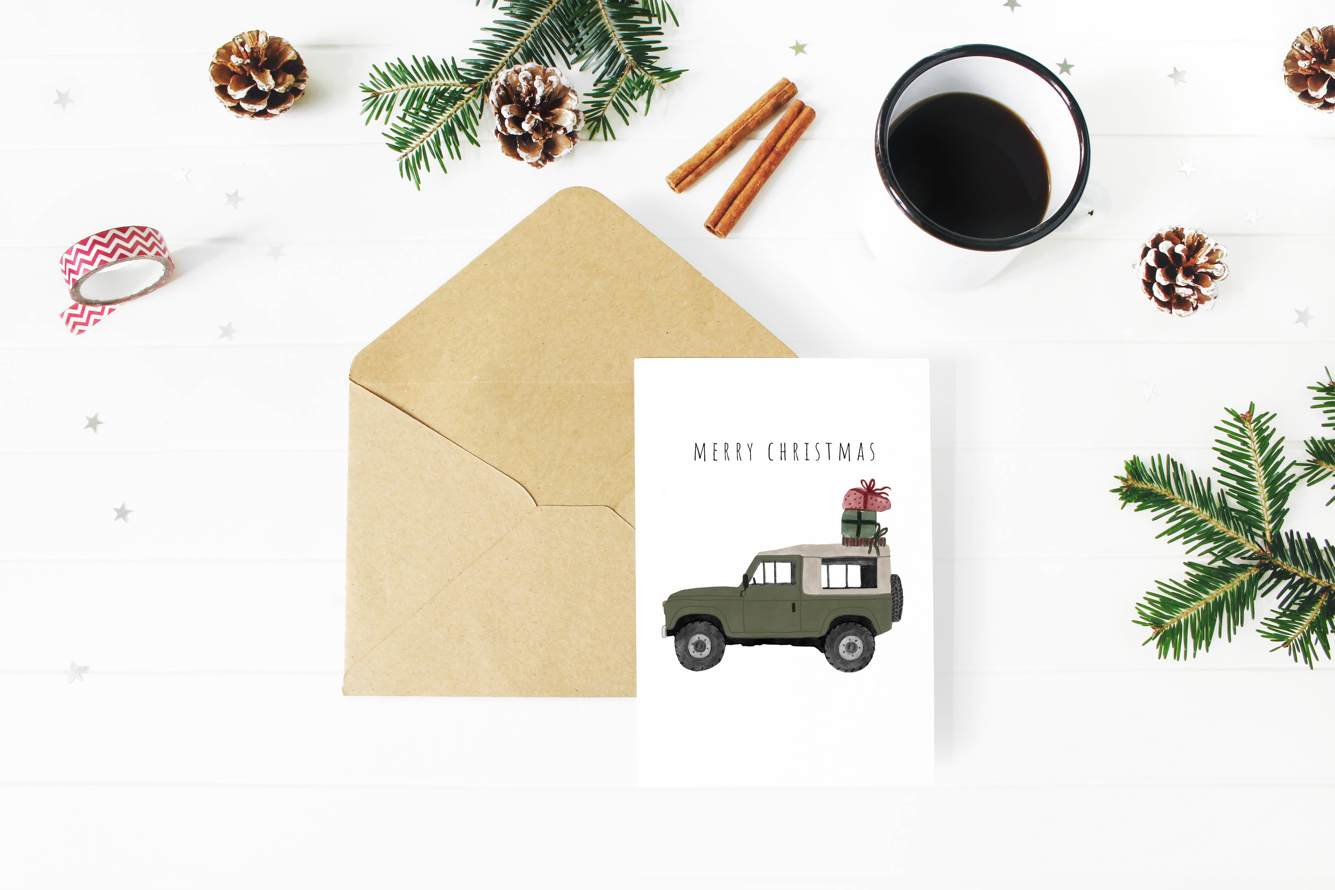 HeatherLucyJ Design - Wholesale Christmas Card - Green Land Rover Christmas Card1