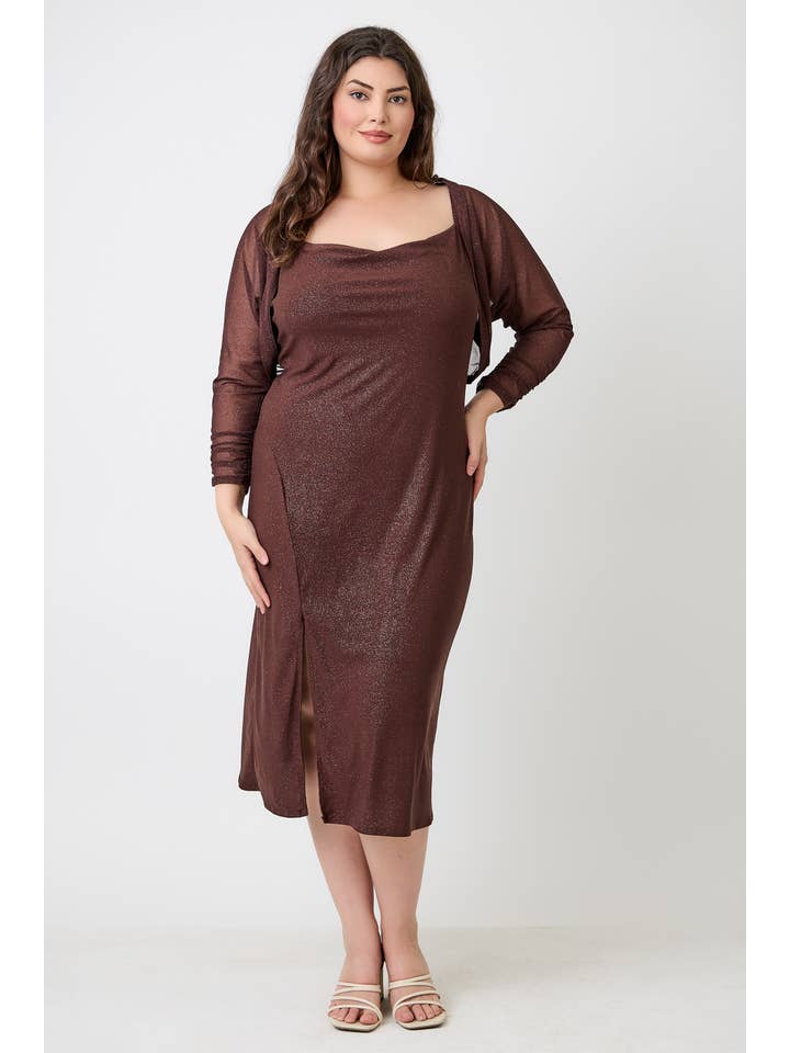 Haute Fox Plus Size & Contemporary - Wholesale Dress - Women's - Plus Size Shimmer Midi Dress with Front Slit JK18749-D3