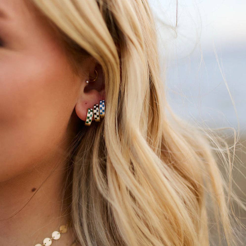 Mauve Jewelry Co. - Wholesale Huggie Earrings - Black & White Checkered Hoops6