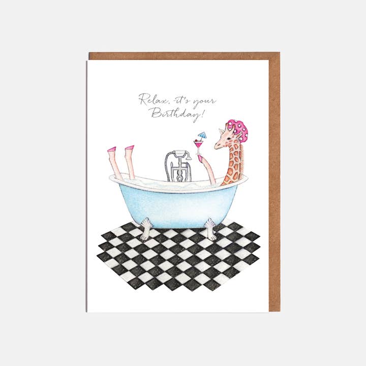 Giraffe & Bath Birthday Card - 'Relax, it's your Birthday!' for wholesale by Lottie Murphy