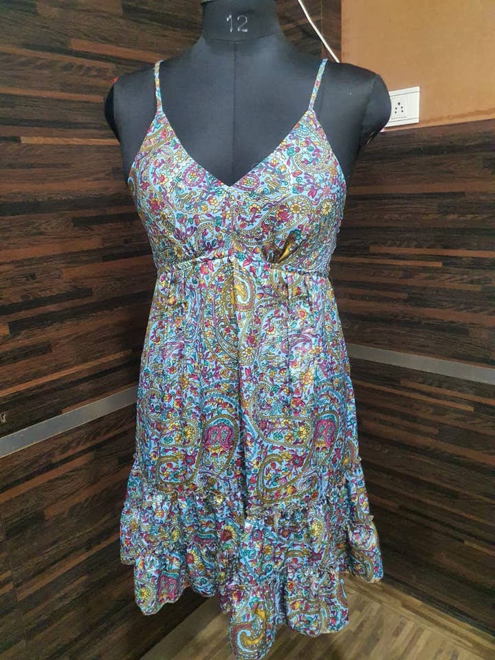 Meghcraft – wholesale Dress – Women's – Silk Short Maxi Dresses-Smocking Back Style Silk Mini Dress9