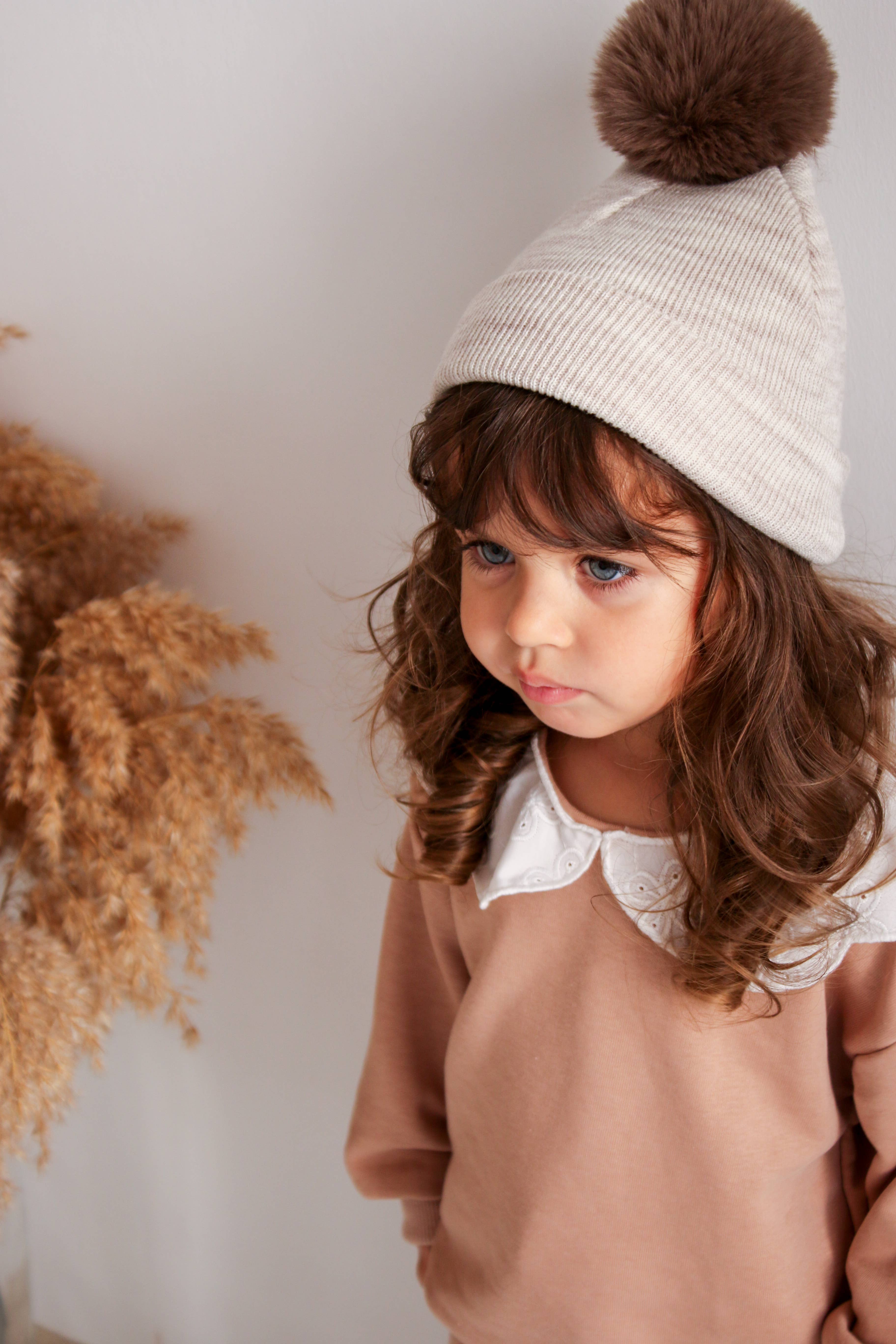 Vizon Single Pom Pom Baby/Kid's Marble Beige Beanie Hat 0-8 Years for wholesale on Faire9