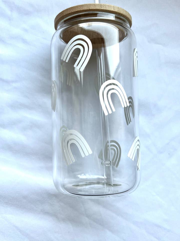 12oz Rainbow glass cup w/ lid for wholesale by Honey Rose Collective