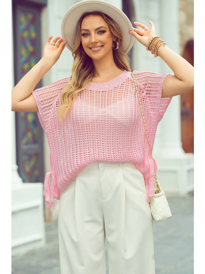 1 the Woman - Wholesale Knit Sweater - Women's - Hollow-out Crochet Side Tied Short Sleeve Sweater