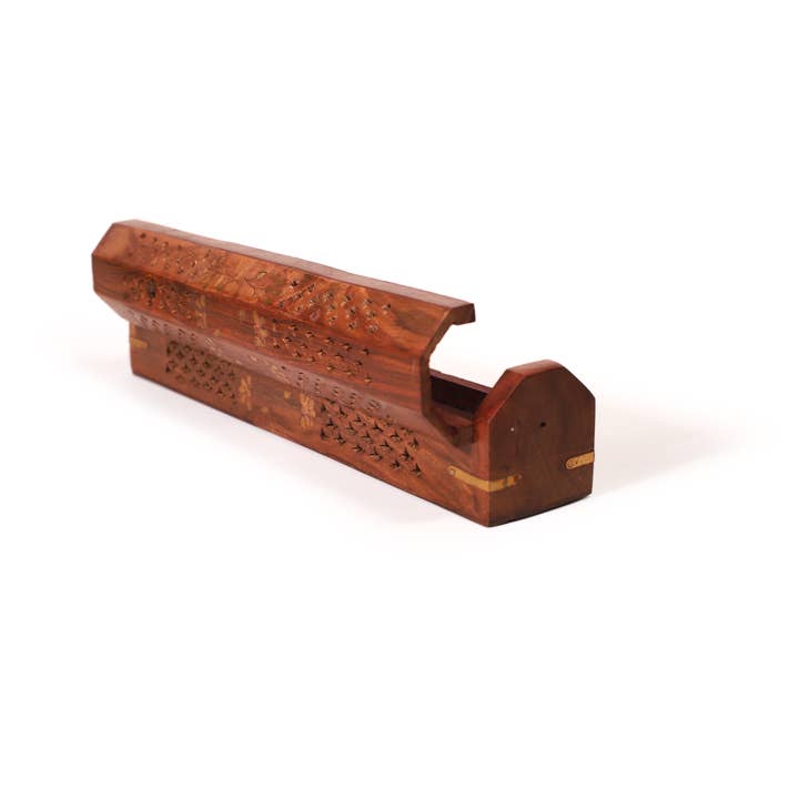Prabhuji's Gifts – wholesale Incense holder – Incense Burner- Wooden Box w/ Storage - 5 panel Jali +Flower