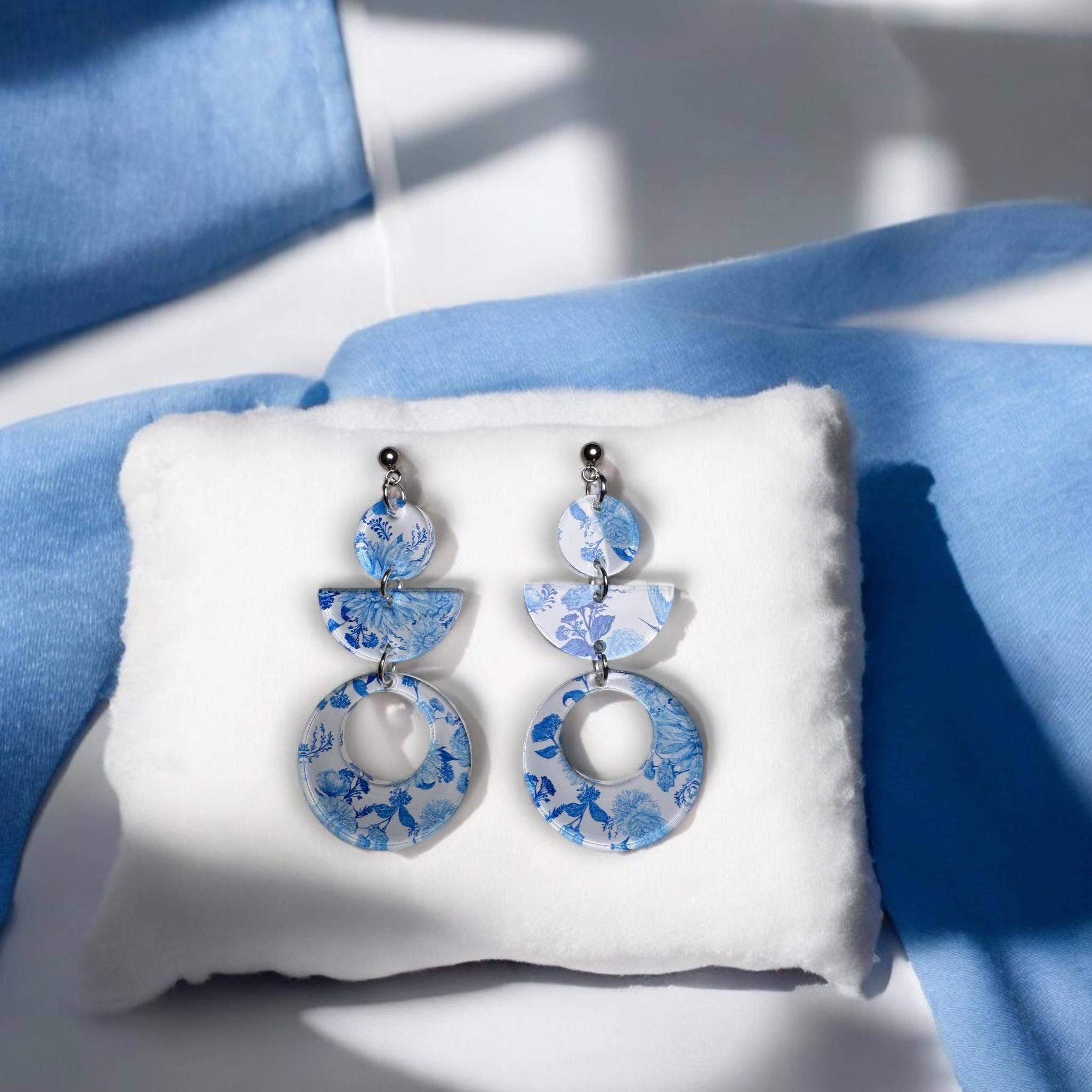 Fish Towne Designs, LLC - Wholesale Dangle Earrings - Santorini-Inspired Blue Floral Acrylic Statement Earrings9