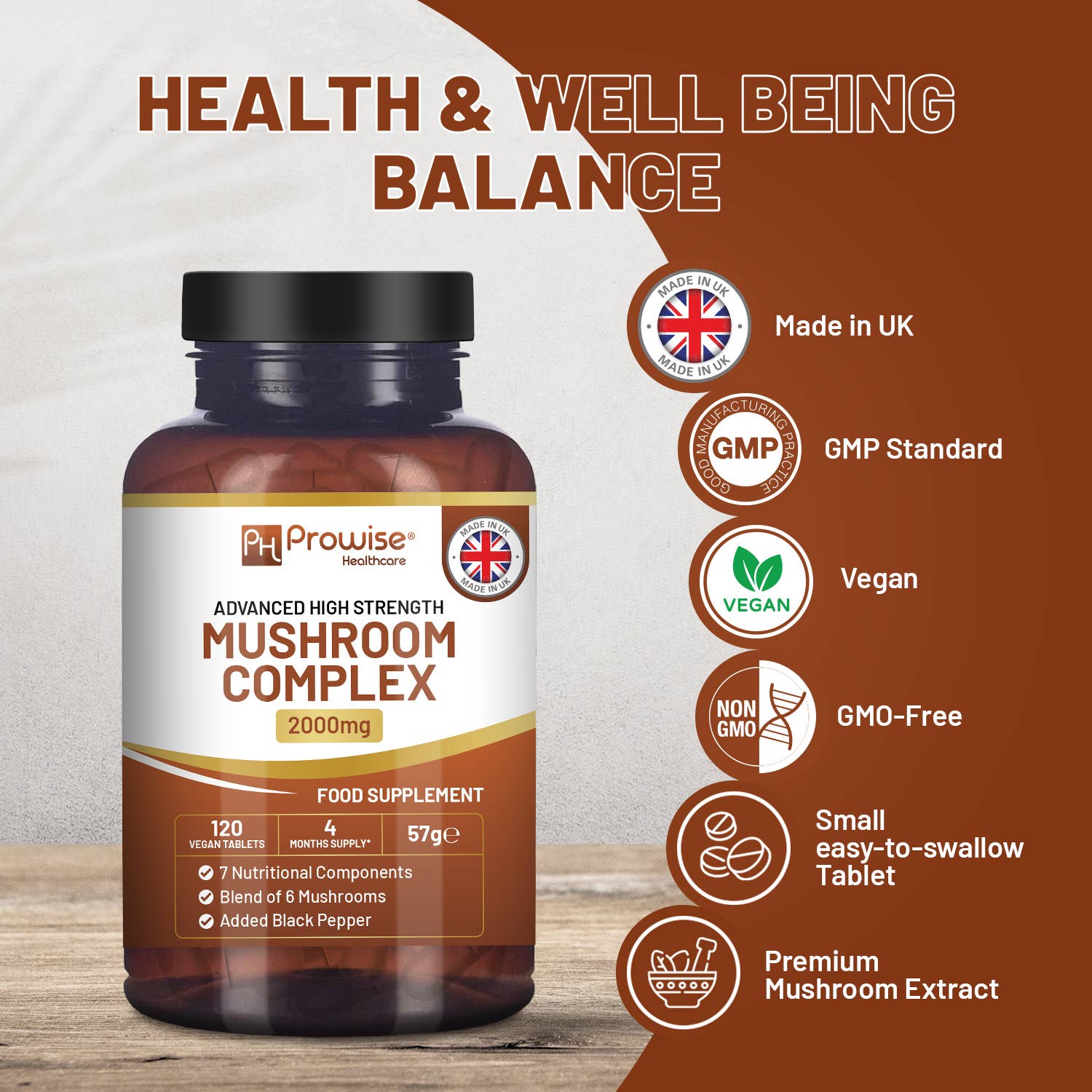 Prowise Healthcare – wholesale Oral supplement/vitamin – Advanced Mushroom Complex | 6 Mushrooms - 120 Vegan Tablets4