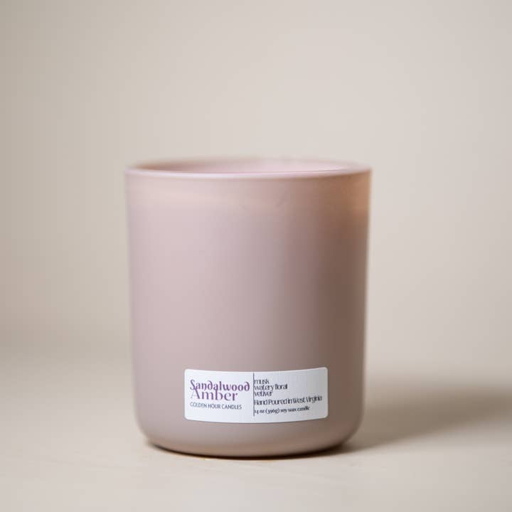 Sandalwood Amber 14 oz Soy Wax Candle - Blush Jar for wholesale by Woods & Spice