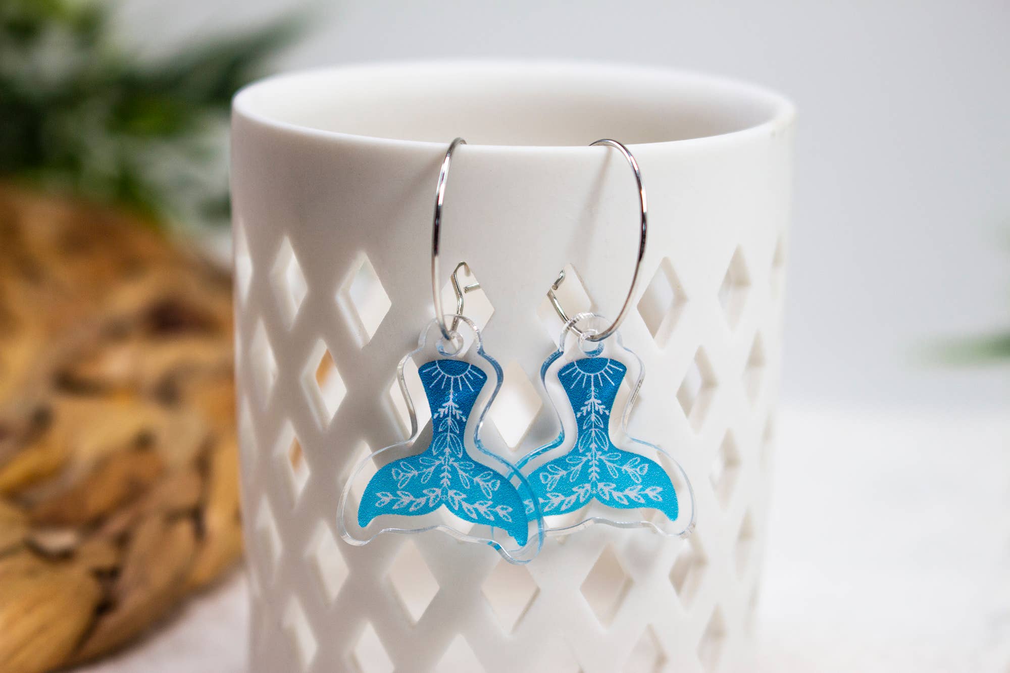 Paper Pattern Silk - Wholesale Dangle Earrings - Folk Art Teal Whale Tail Earrings0