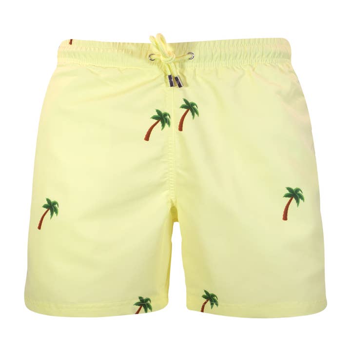 Costume da bagno giallo Palm con palme ricamate per la vendita all'ingrosso da parte di Decisive Beachwear