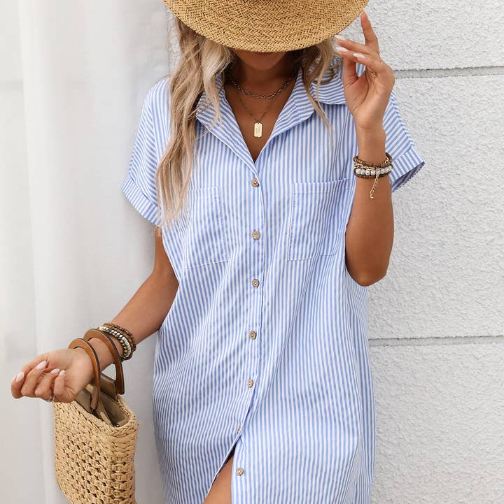 Striped Cotton Linen Shirt Dress for wholesale by Suhkasana