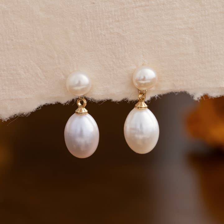 Brincos de Pérola de Água Doce, Brincos de Dupla Gota de Pérola por atacado de Drrtymagic