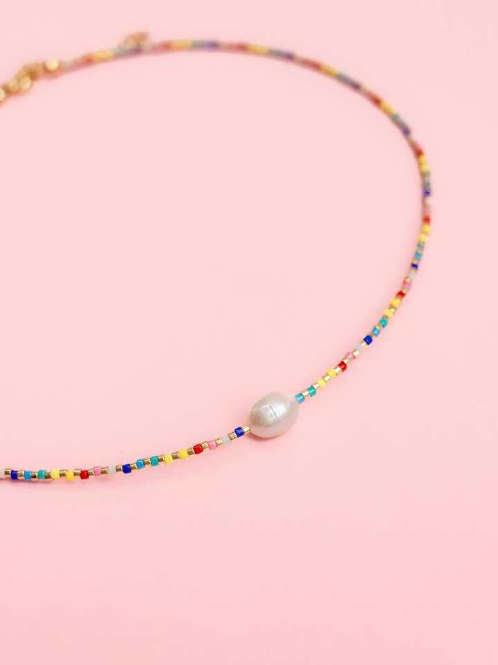 Party Pearl - Single Pearl and Rainbow Seed Bead Necklace for wholesale by Pip & Co.