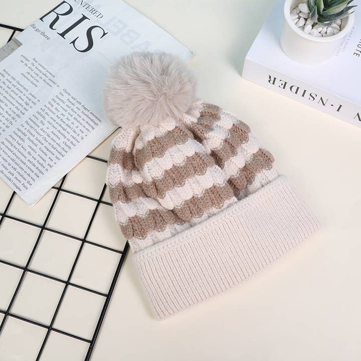 Funkyrel® Atzbranding Limited - Wholesale Beanie – Women's - Haila - Women's Striped Fleece Lined Beanie with Pom6