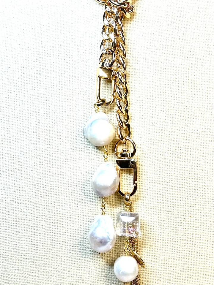 Gold Cuban Link Lariat w/Baroque Pearls, Crystal & Fringe for wholesale by Suzy T Designs