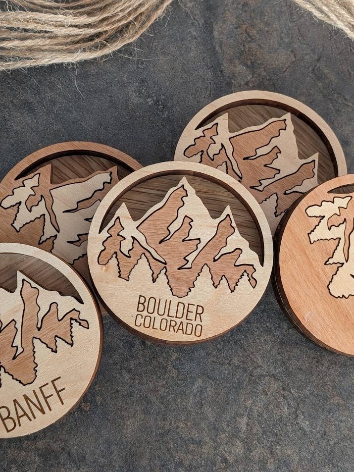 Mountain Magnet, Custom Wooden Travel Souvenir Personalized for wholesale by Foxwood Gifts Canada