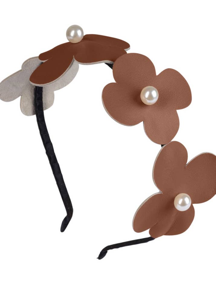 Läder Blomma Pannband Brun för wholesale av Bow&Teke