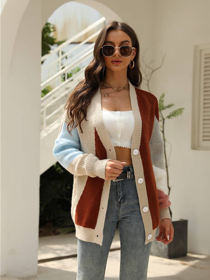 SZ53-SW7040 Knit Color Block Button Cardigan for wholesale by ePretty