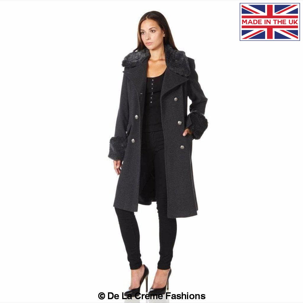 De La Creme Fashions – Engroshandel Frakke - Dame – De La Creme - Kvinders Militær imiteret pels Trim Midi Frakke5