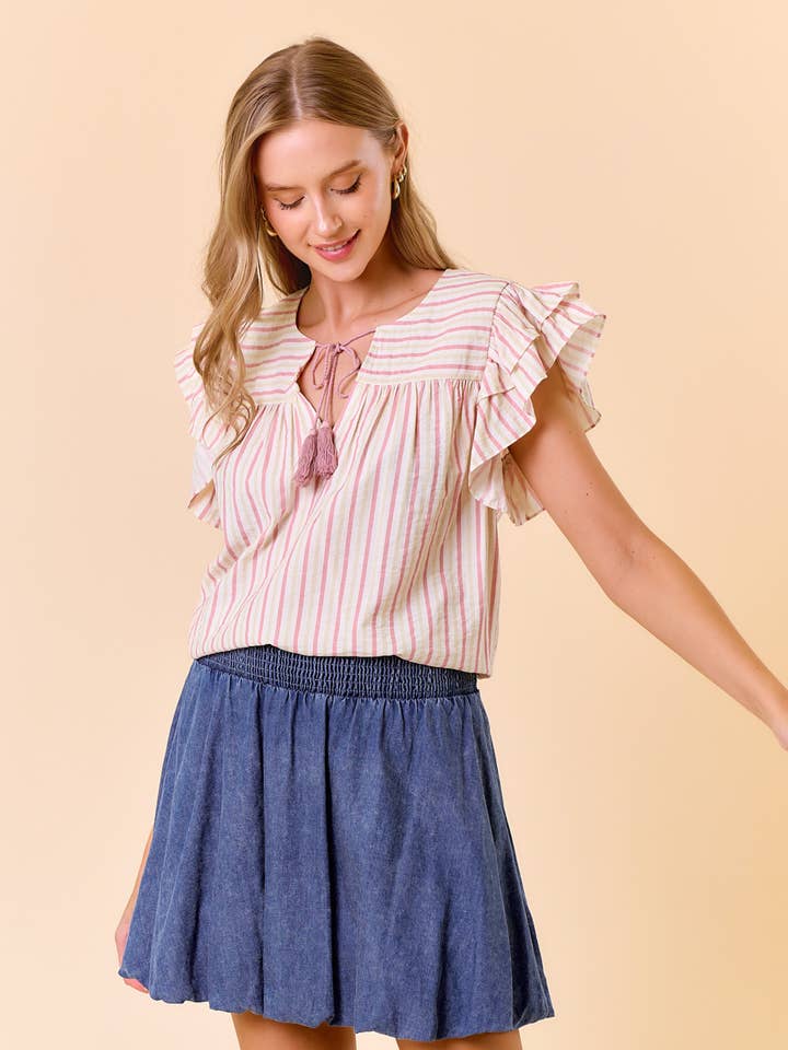 MULTI-COLORED STRIPE RUFFLE CAP SLEEVE PEASANT TOP - 44900T for wholesale by Doe and Rae