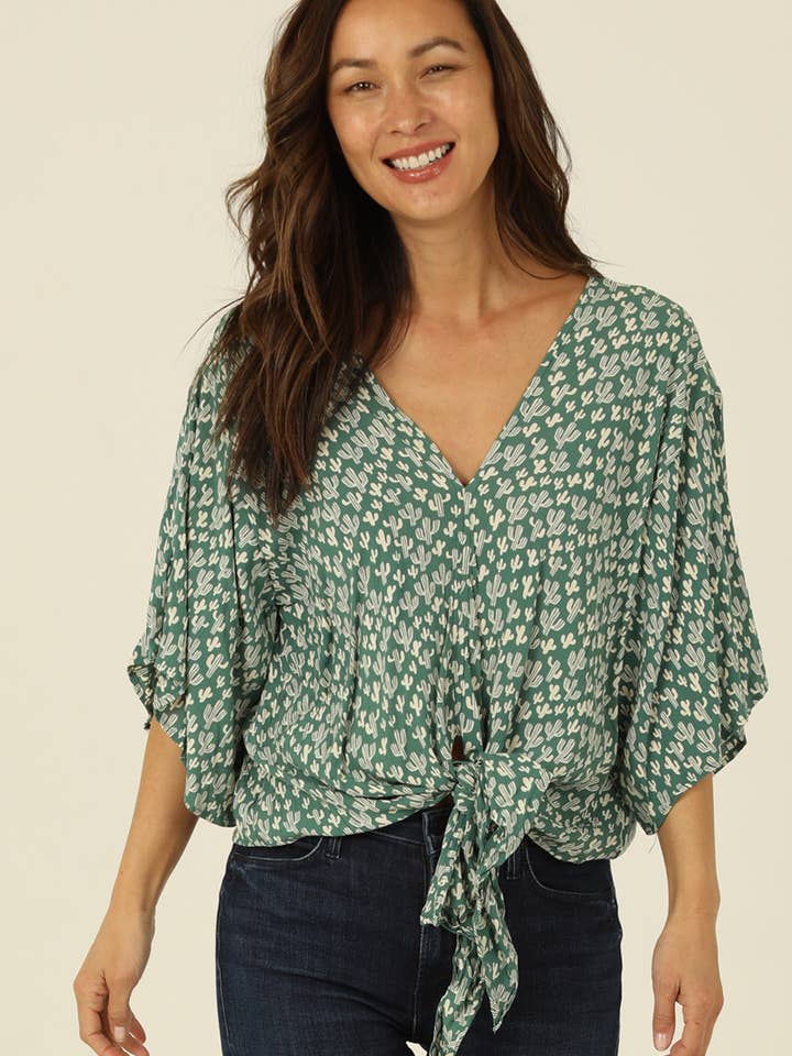 N2Q81-W980 CACTUS PRINT V NECK KIMONO SLEEVE BLOUSE WITH TIE for wholesale by Nostalgia