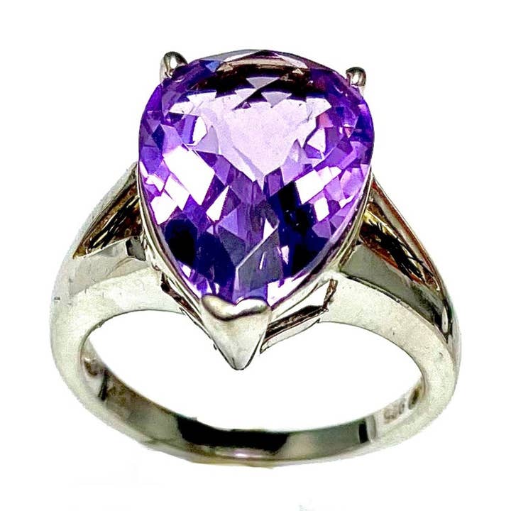 Anello Solitario in Argento con Ametista Classica a Forma di Pera 10x15mm per la vendita all'ingrosso da parte di Twan Kee Jewelry