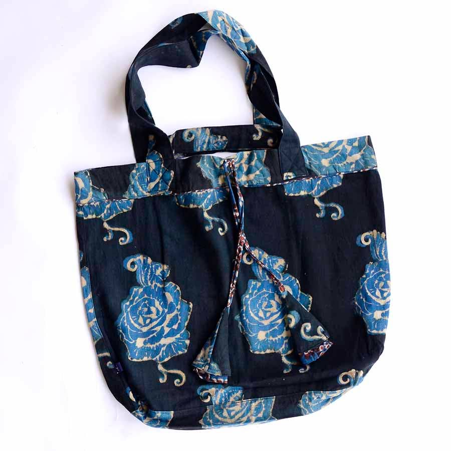 Ichcha - Wholesale Grocery/Shopping Bag - Black Large Organic Cotton Blockprinted Bag - Roses3