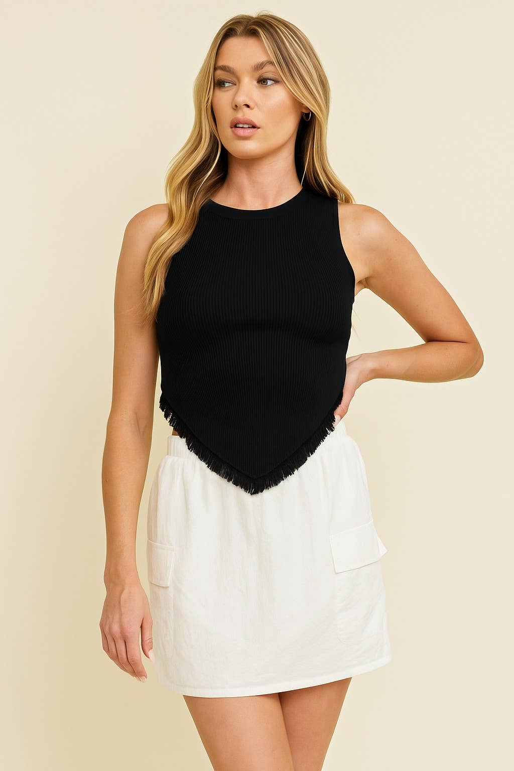 Cloud Ten - Wholesale Tank Top - Women's - CSW9141A - SLEEVELESS TASSLE HEM KNIT TANK2