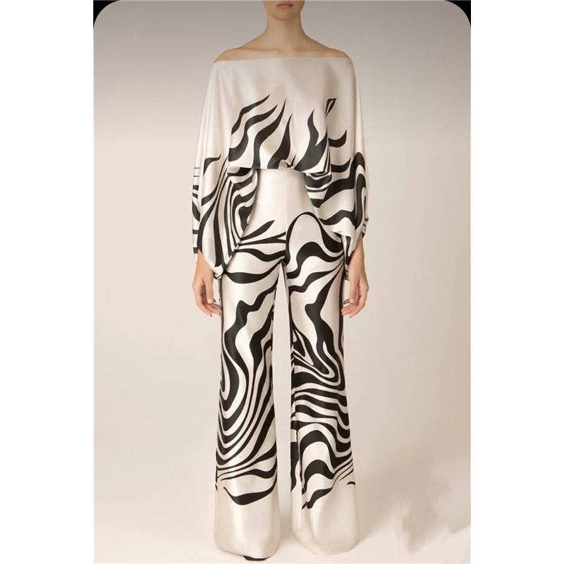 UZ Wholesale Store - Wholesale Top & Pant Set (NOT Loungewear) - Women's - Printing Boat Neck Balloon Sleeve Top And Wide Leg Pants Two Pieces Suits0