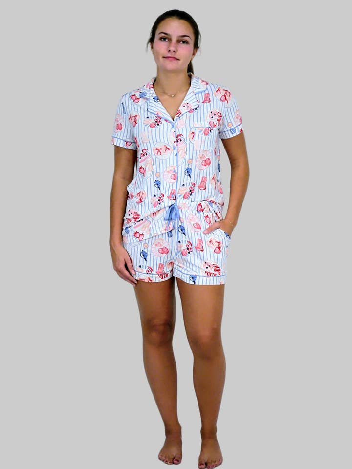 Patisserie Stripe Short Sleeve/Shorts PJ Set for wholesale by Imbali Charleston