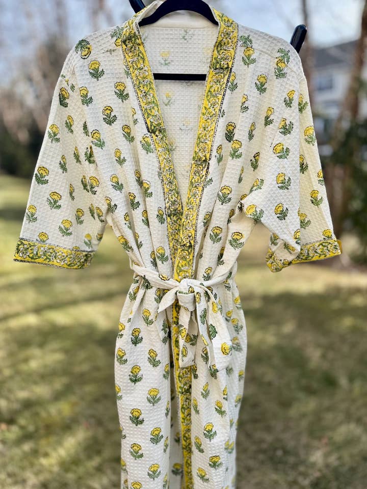 Block Print Waffle Weave Cotton Bath Robe (Yellow Marigold) for wholesale by House of Mulmul LLC