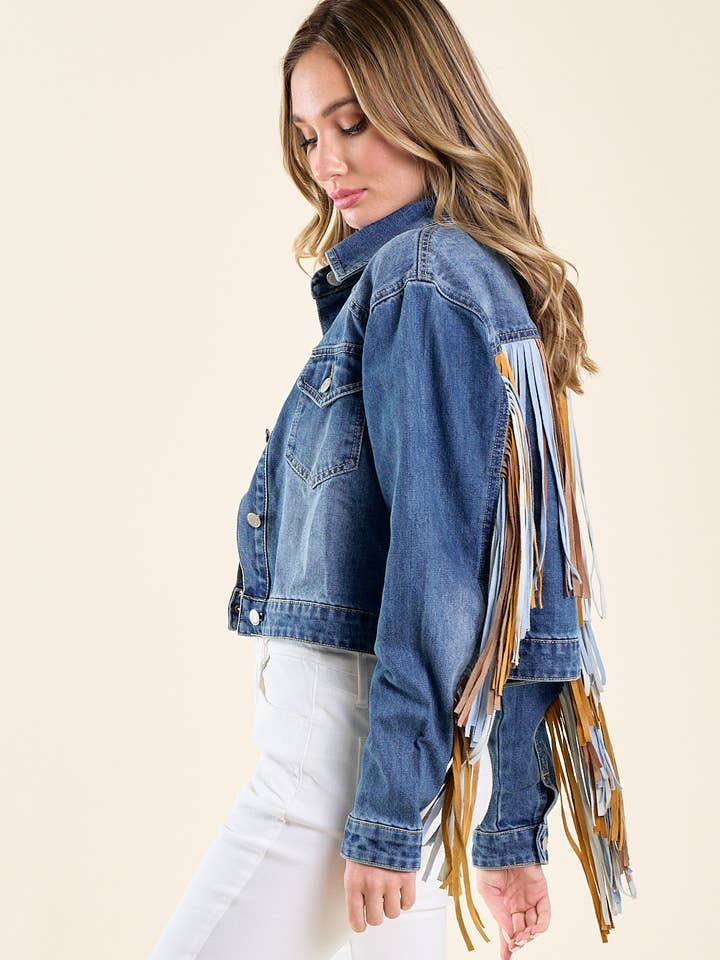 Saints & Hearts - Wholesale Denim Jacket - Women's - SIJ5246A DENIM MULTI COLOR SUEDE FRINGE DENIM JACKET