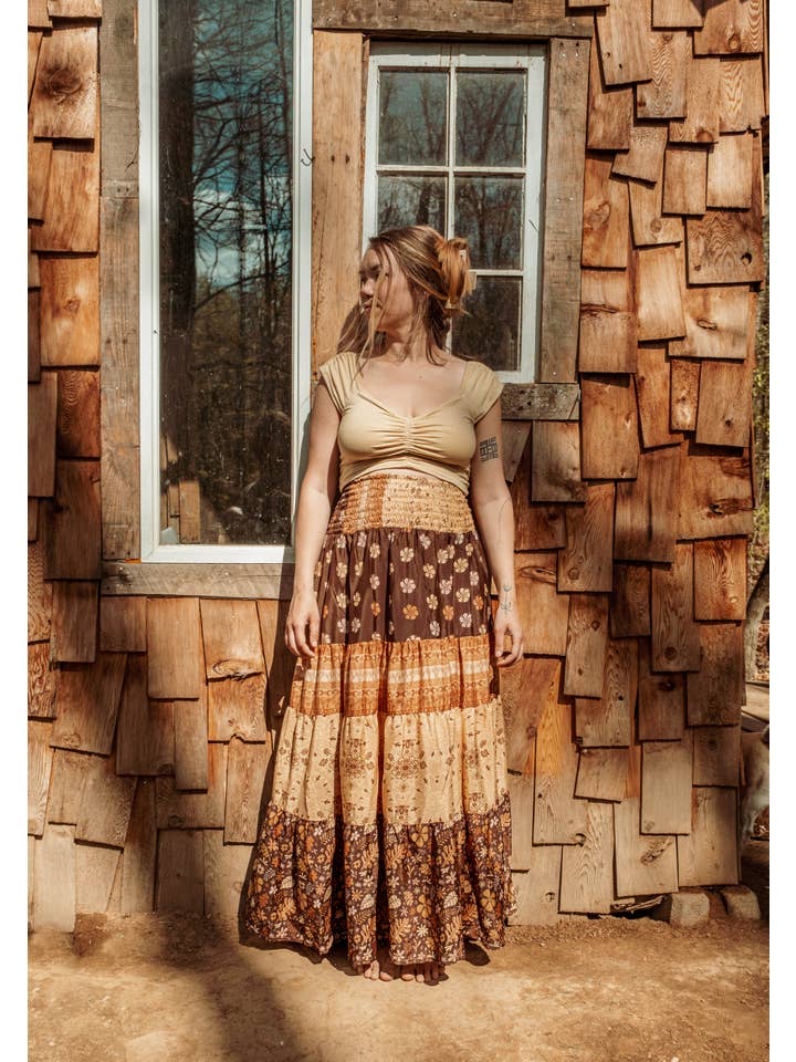 Gardenbelle Shop - Wholesale Skirt - Women's - Bohemian Earthy Print Tiered Maxi Skirt, Hippie Boho Dress