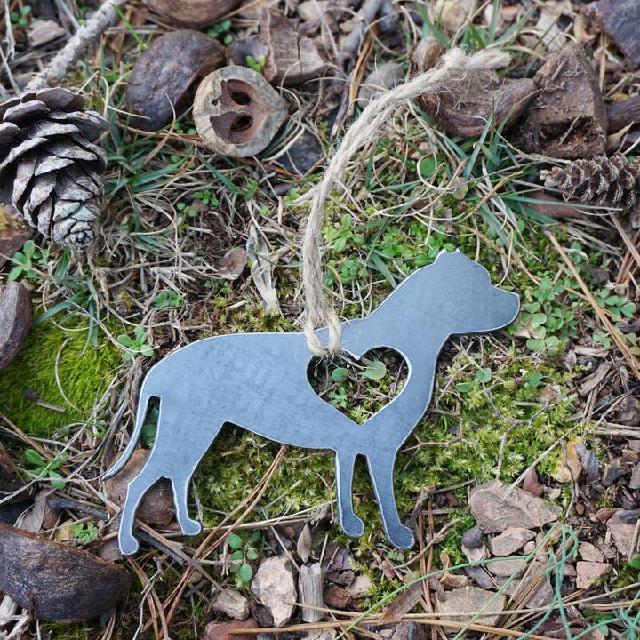 Pitbull Dog Ornament with heart made from recycled steel for wholesale by BE Creations & Designs, Inc.