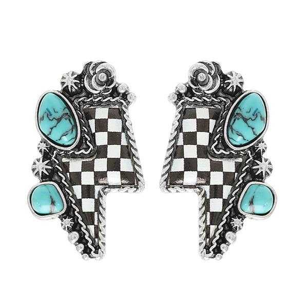 Sbmt WESTERN TURQUOISE CHECKERED THUNDER EARRINGS E15981 for wholesale on Faire