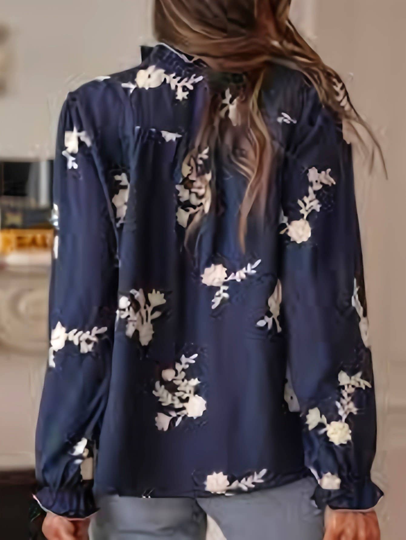 NavyBlue Boho Midnight Ecru Floral Ruffled Blouse for wholesale on Faire3
