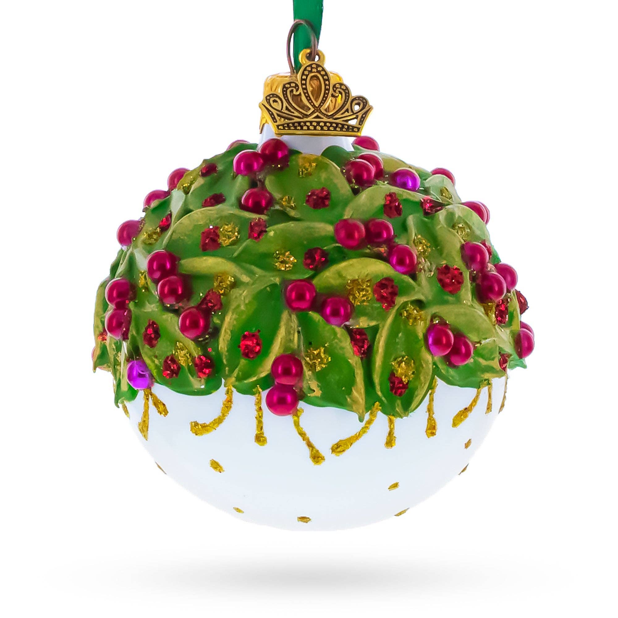 BestPysanky – Großhandel Verzierung – Rote Perlen und Weihnachtssternblüten auf glänzendem weißen Glaskugel-Weihnachtsornament 6 cm0