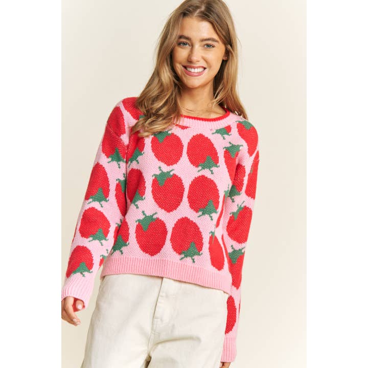 JOLI PULL DÉCONTRACTÉ EN JACQUARD À LA FRAISE pour la vente par Sweet Generis